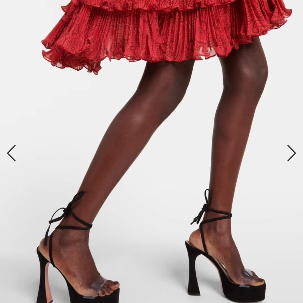 Amina Muaddi Sita Black Suede Leather Clear Strap Platform Heel NEW